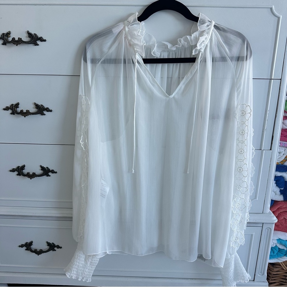 See by Chloe Elegant Sheer White Blouse with Ruffle Neck